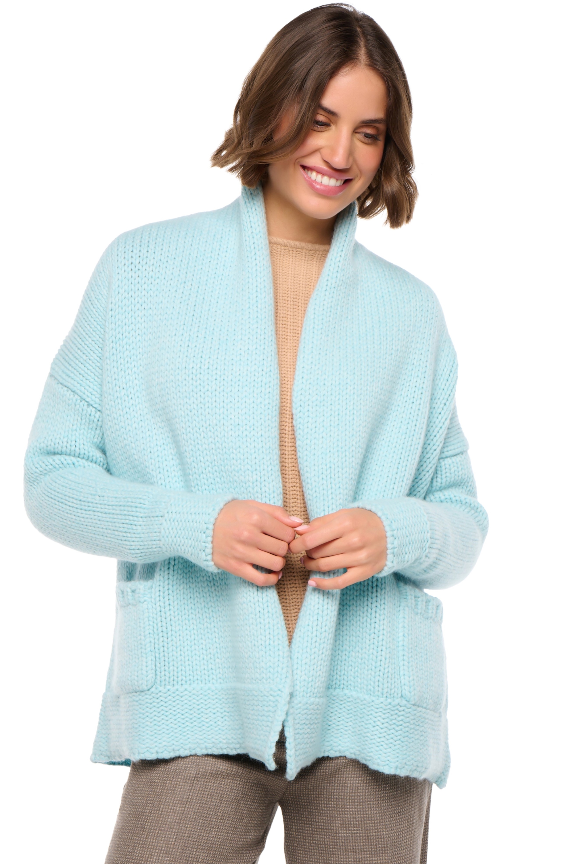 Cashmere ladies chunky sweater vienne natural ecru aqua s