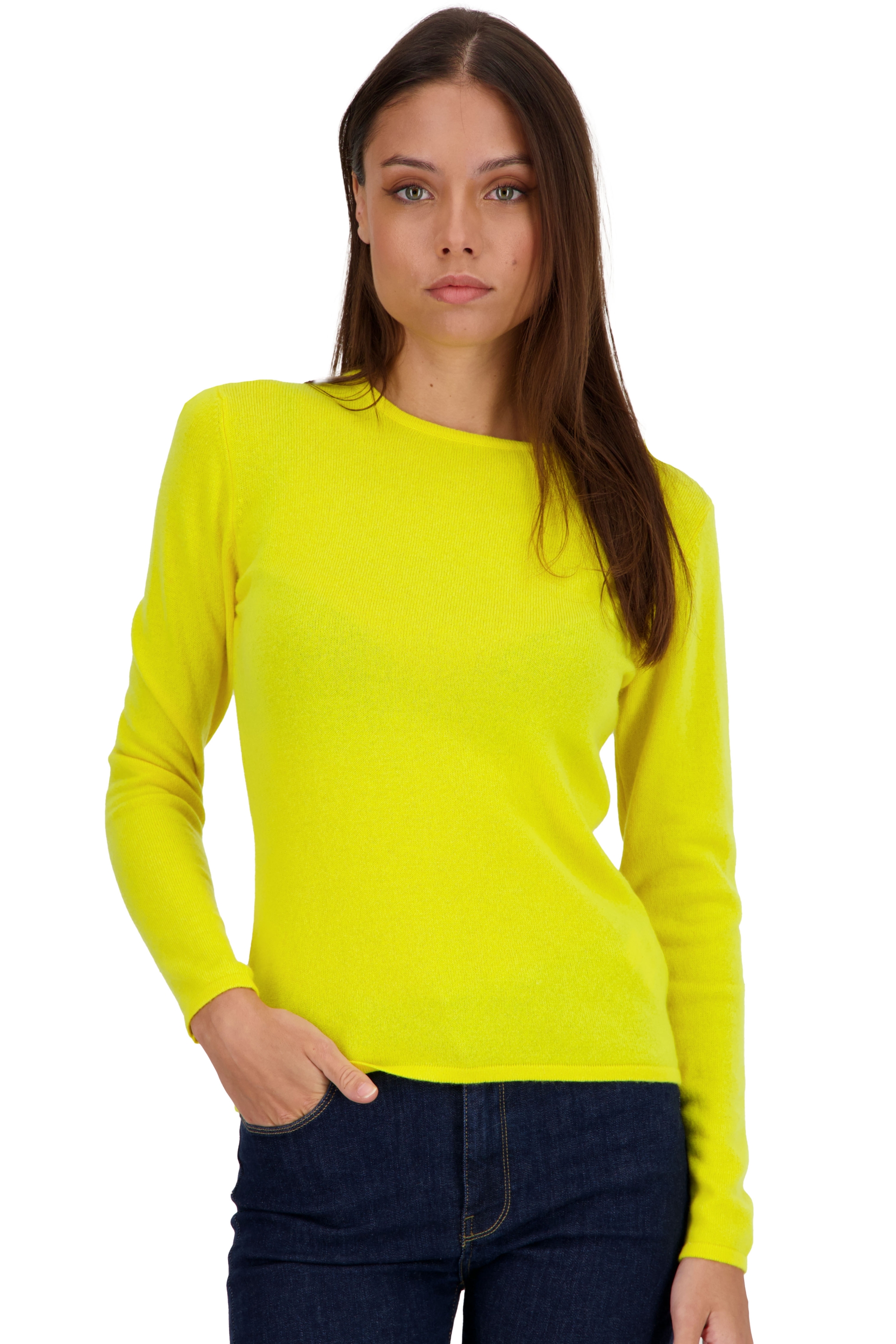 Cashmere ladies round necks line jaune citric 