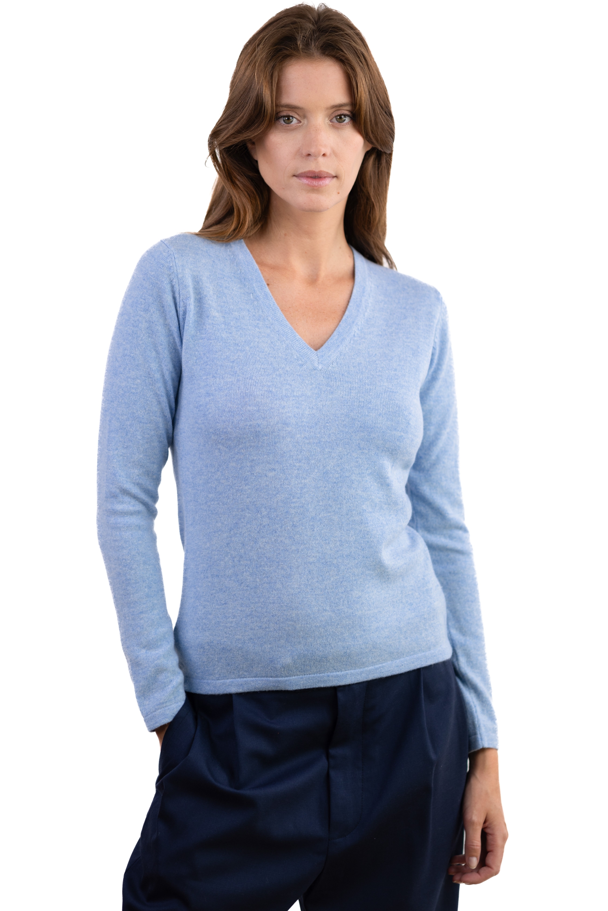 Cashmere ladies v necks emma azur blue chine 