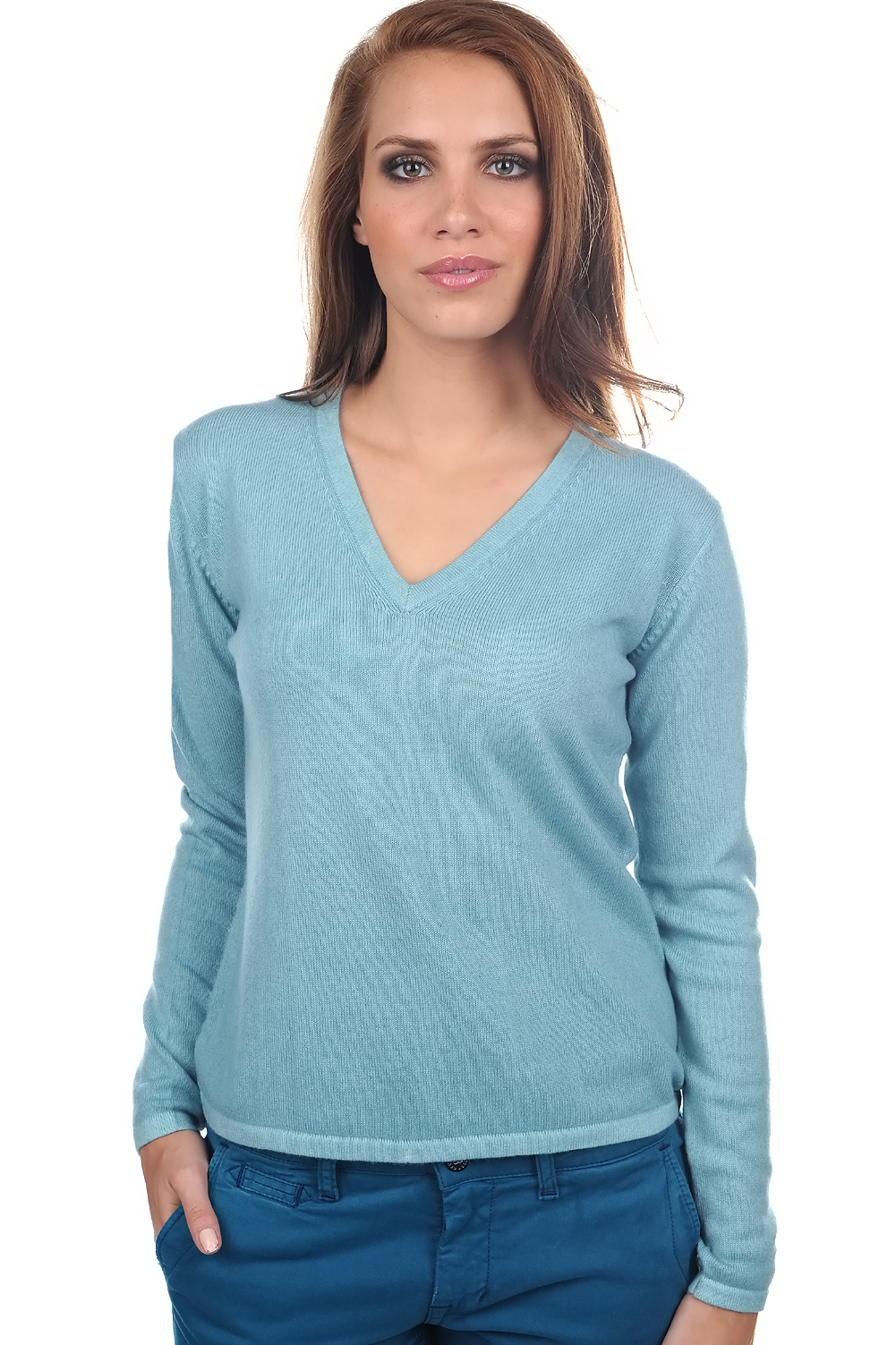 Cashmere ladies v necks emma teal blue 