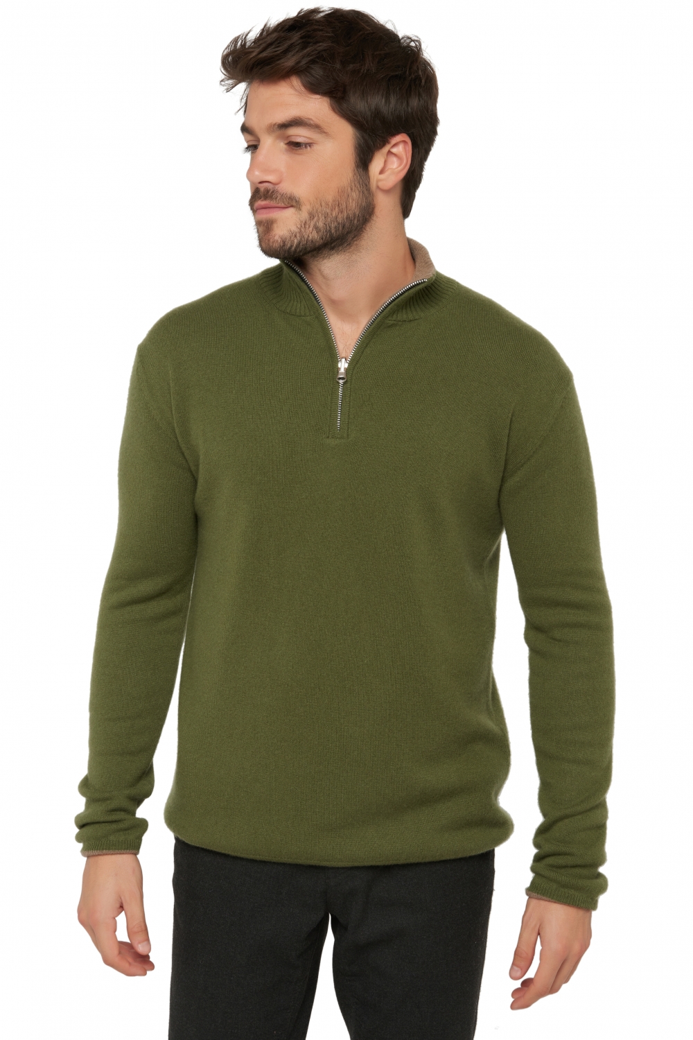 Cashmere men chunky sweater cilio ivy green natural brown 3xl